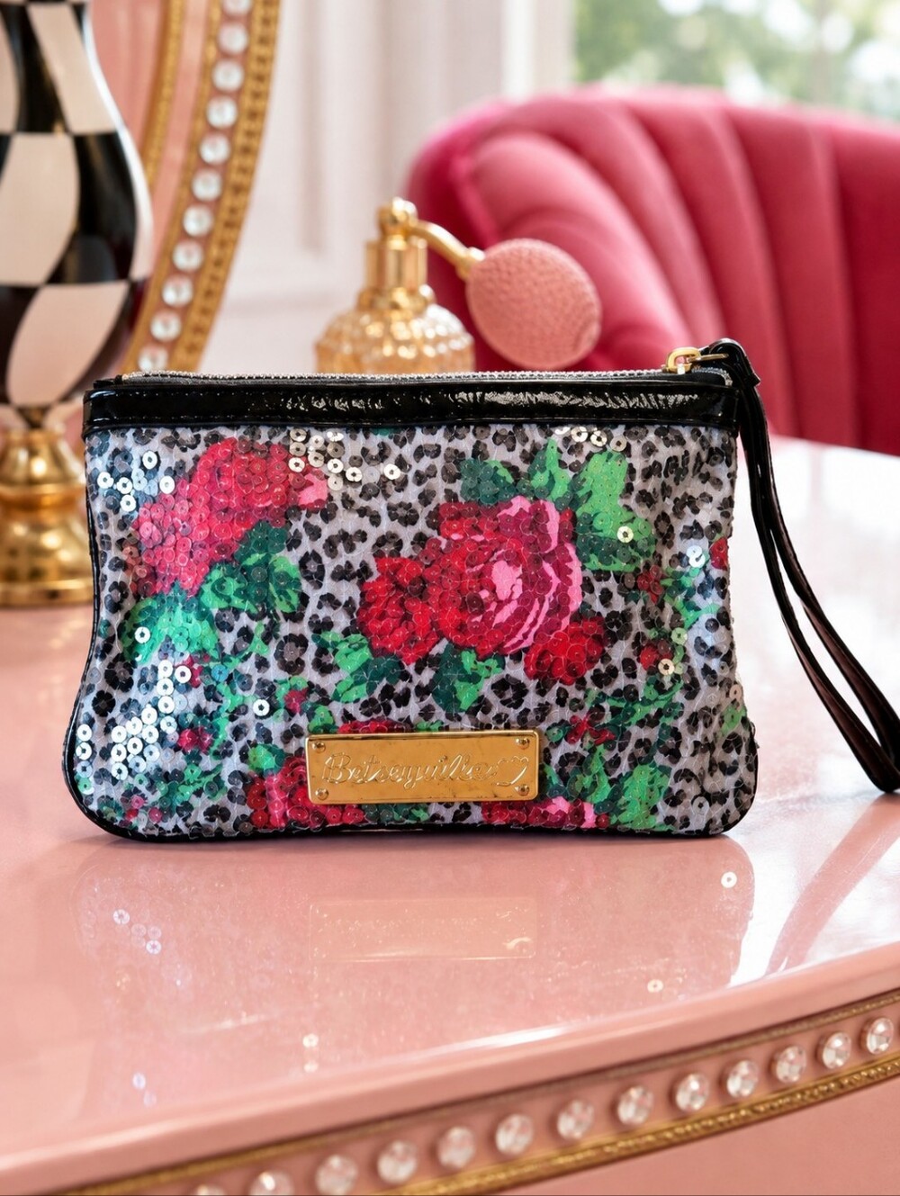 Betseyville Betsey Johnson Y2K Leopard Floral Sequin Wristlet